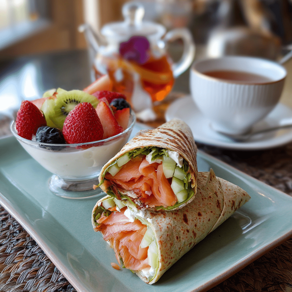 Smoked salmon veggie wrap breakfast with tea and fruit