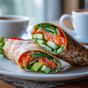 Smoked salmon veggie wrap with colorful vegetables for breakfast
