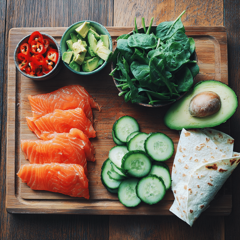 Fresh ingredients for smoked salmon veggie wrap