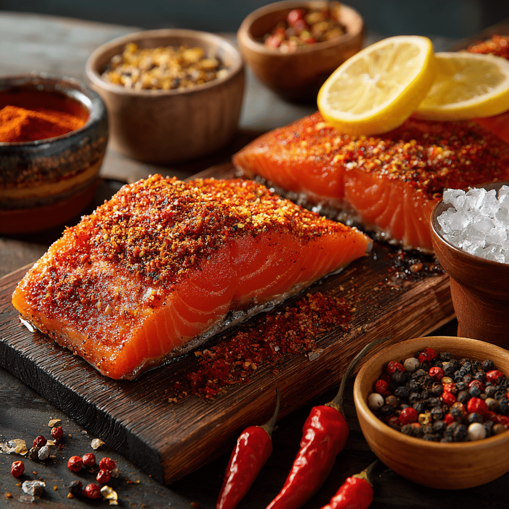 spicy smoked salmon rub on raw salmon fillet