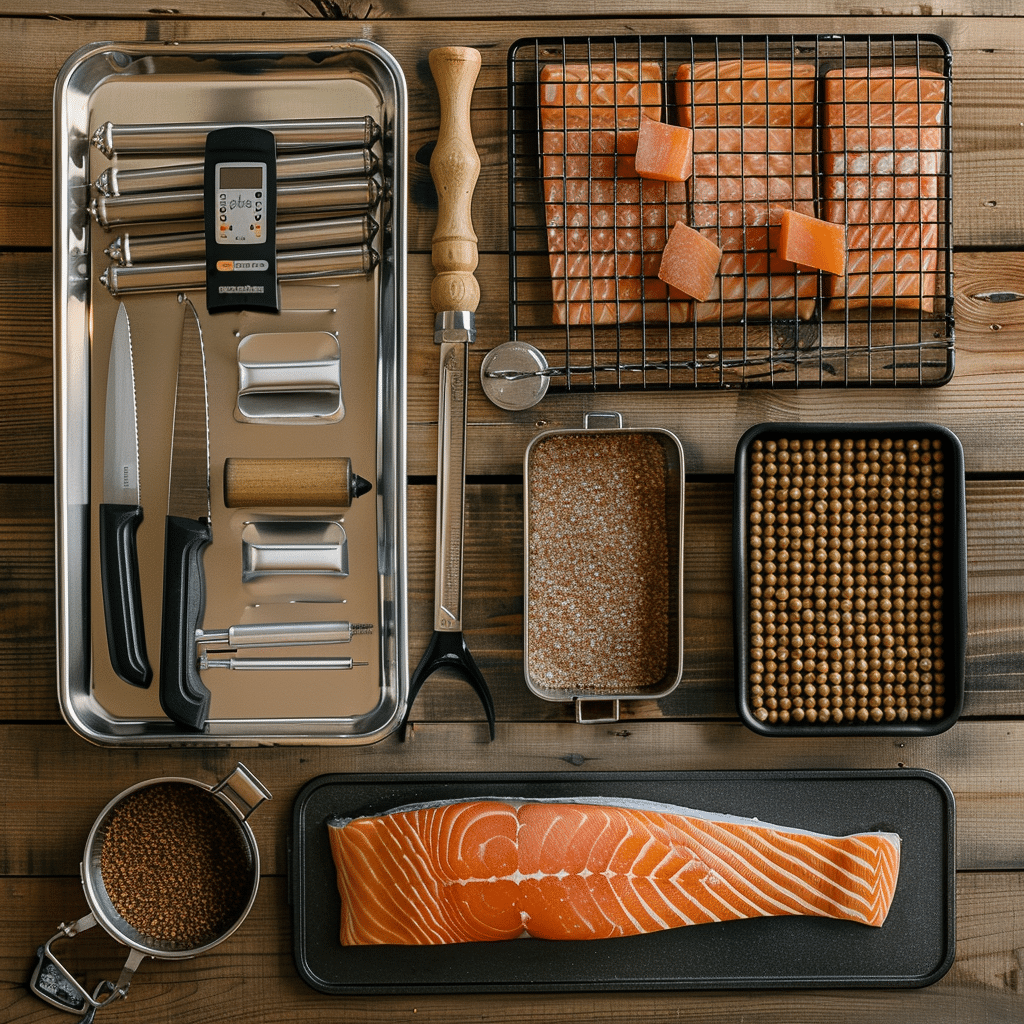 tools for smoking salmon arranged on a wooden table