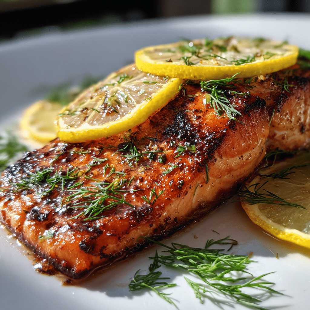 Traeger lemon dill smoked salmon with fresh herbs and lemon slices