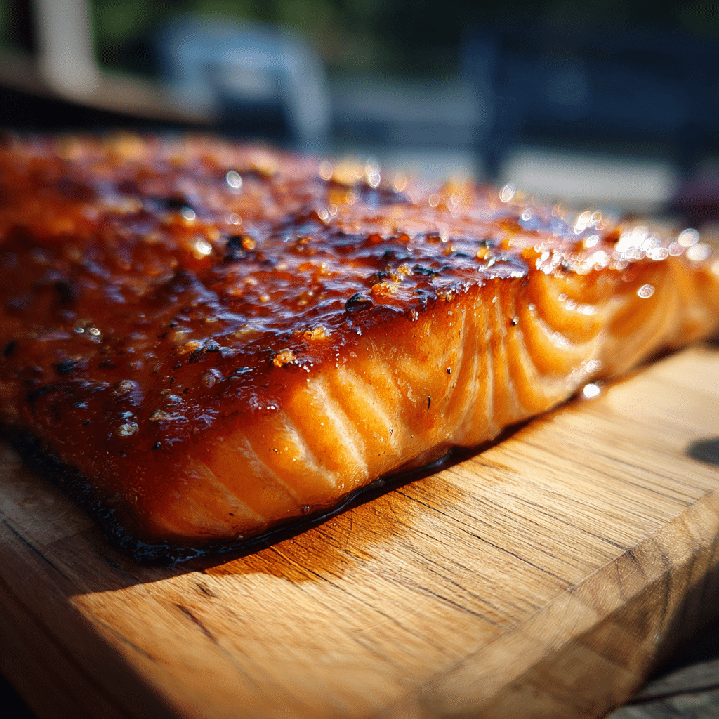 Traeger smoked salmon fillet perfectly grilled on a wooden board
