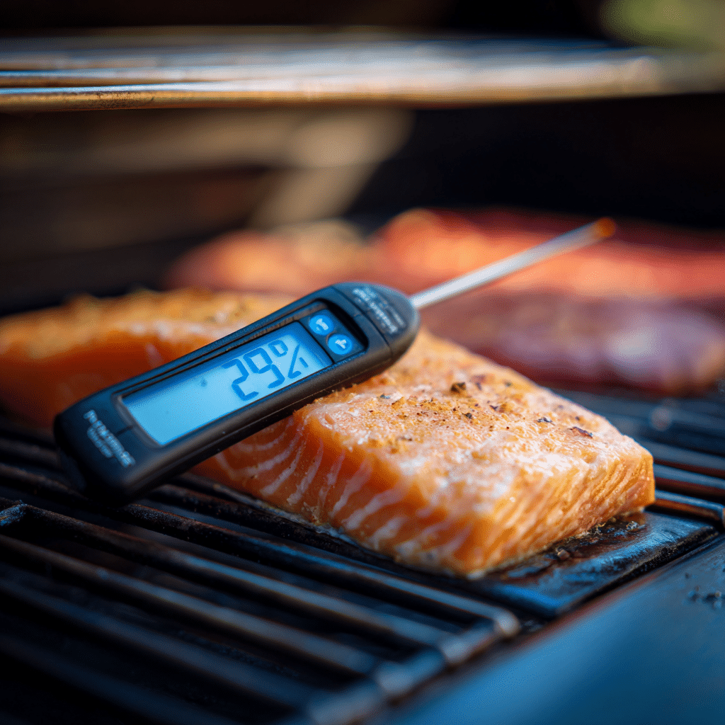 Checking Traeger smoked salmon temperature with digital thermometer
