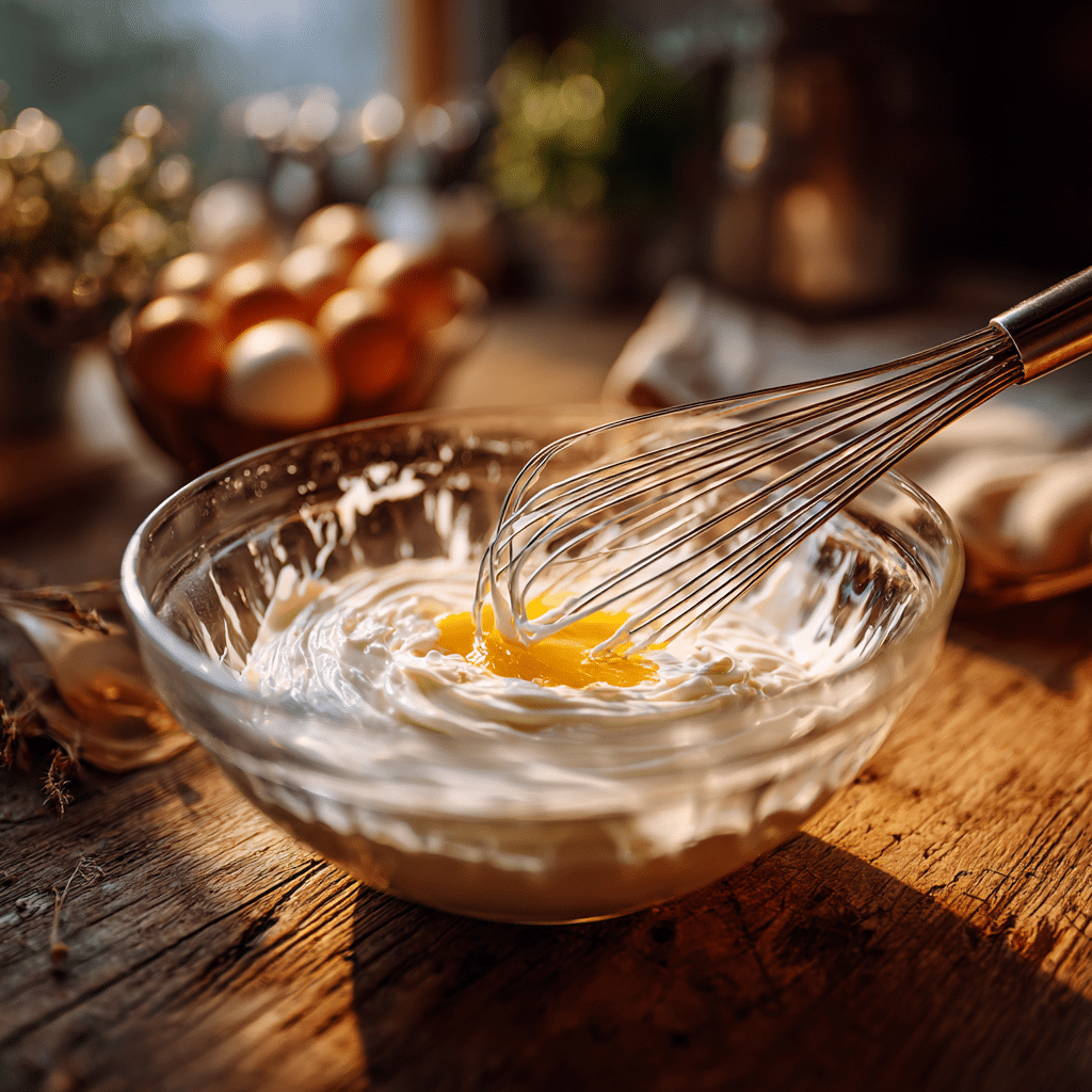 Whisking eggs with sour cream for scrambled eggs