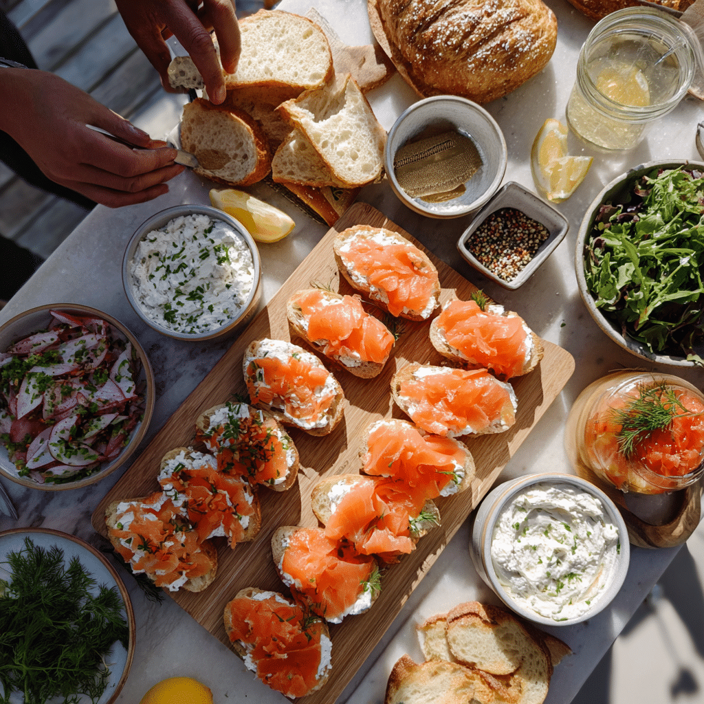 assembling smoked salmon crostini platter