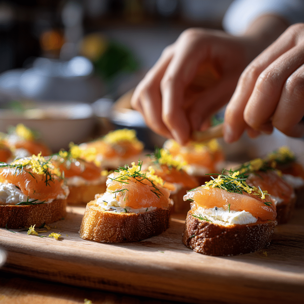 assembling smoked salmon lemon crostini with lemon zest garnish