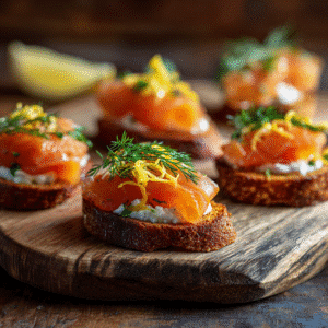 smoked salmon lemon crostini on toasted baguette with lemon zest