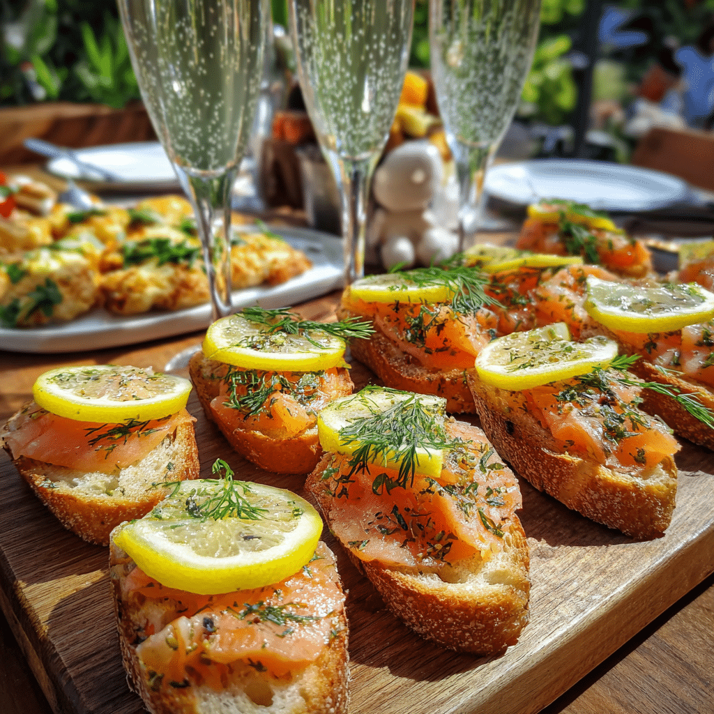 party platter of smoked salmon lemon crostini with lemon slices and dill